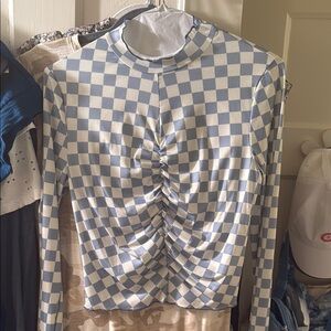 Storia Blue and White Ruched Blouse